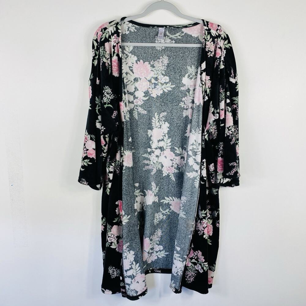 Flora Nikrooz Lounge Cardigan Large Black Floral Plush Open Front Casual